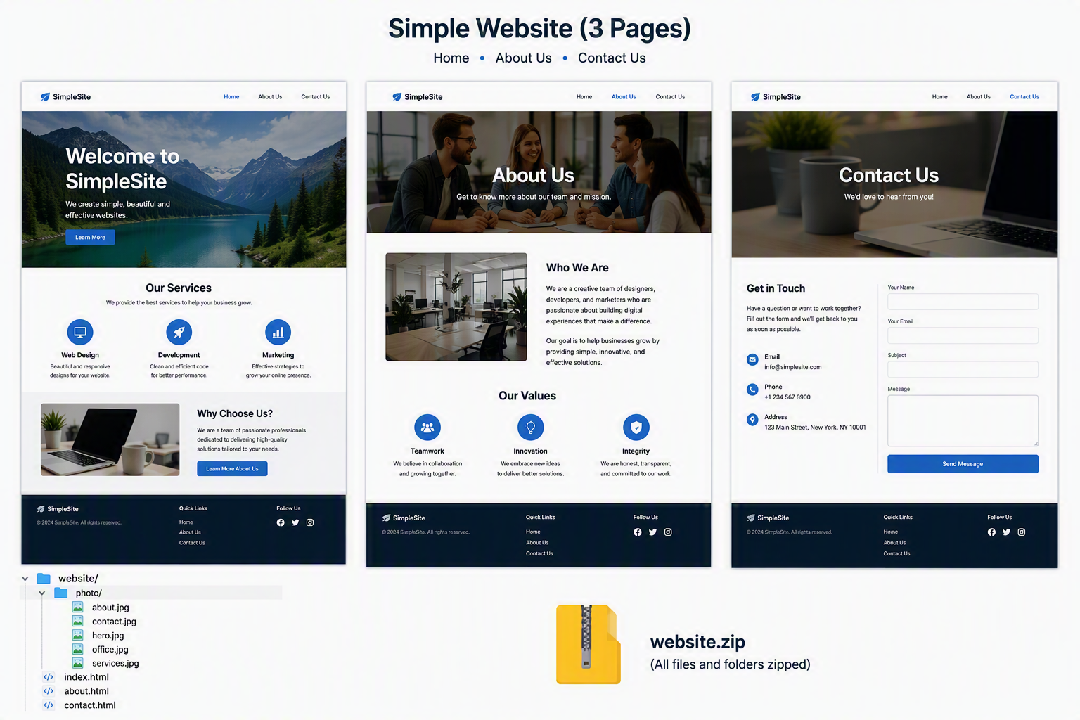 Preview of a clean three-page website layout